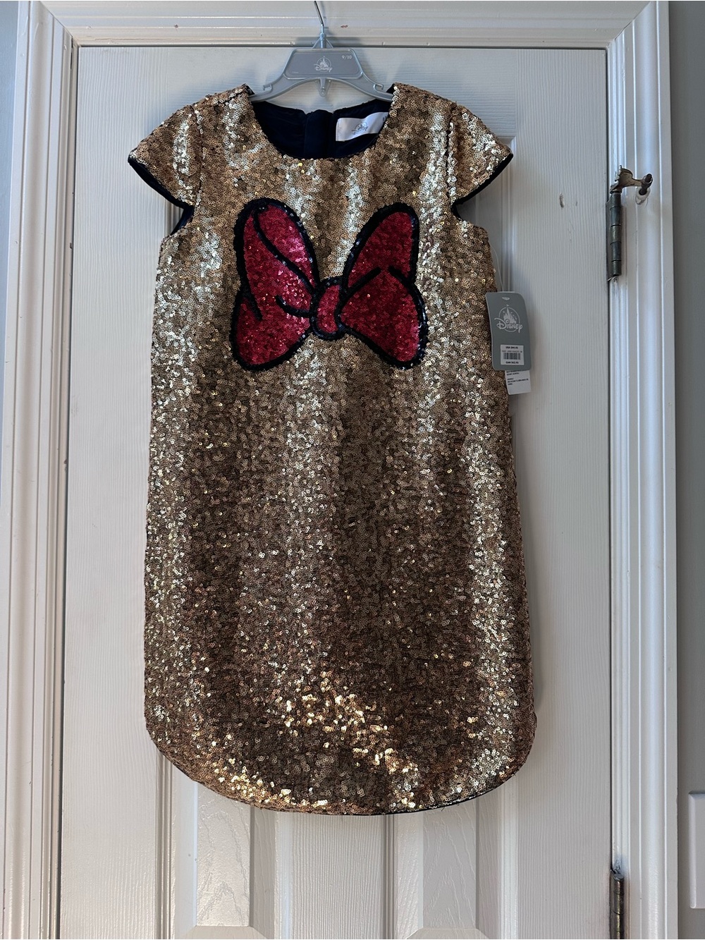 Disney Gold Sequin Dress with Red Bow Accent